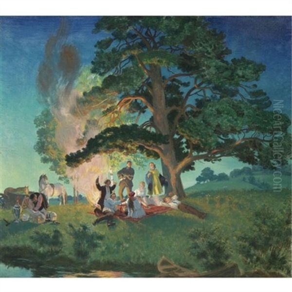 Picnic Oil Painting by Boris Mikhailovich Kustodiev