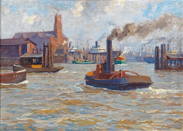 The Port Of Hamburg With View Of The Kehrwieder Spitze Oil Painting by Paul Kutscha