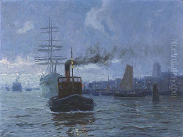 Abendlicher Hafen Mit Einem Schlepper Oil Painting by Paul Kutscha