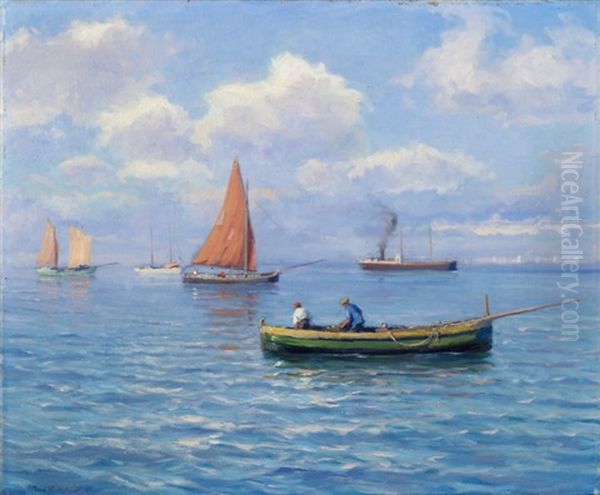 Fischerboot, Segelboote Und Ein Dampfschiff Im Mittelmeer Oil Painting by Paul Kutscha