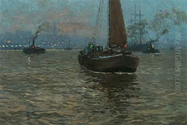 Evening View Over The Harbour In Hamburg Oil Painting by Paul Kutscha