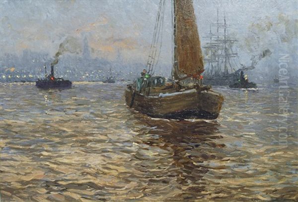 The Harbour In Hamburg At Dusk Oil Painting by Paul Kutscha