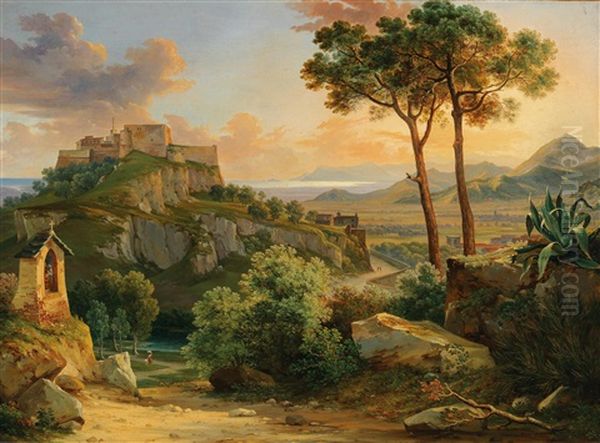 The Fortress Of Massa Near Carrara Oil Painting by Franz Kutschera