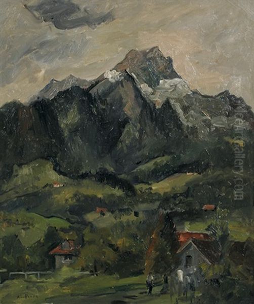 Pilatus. Blick Auf Das Schweizer Bergmassiv Mit Vereinzelten Hausern Im Vordergrund Oil Painting by August Kutterer