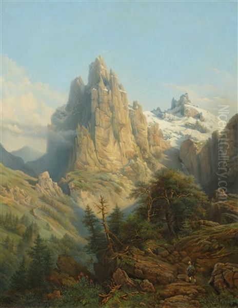 A Mountain Landscape Oil Painting by Carl Joseph Kuwasseg