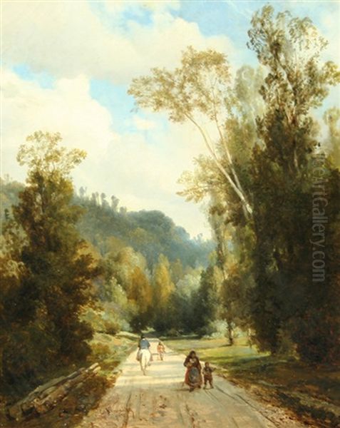 Travelers Along The Road Oil Painting by Carl Joseph Kuwasseg