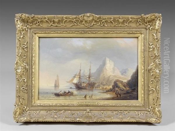 Navires Francais Pres D'une Cote Escarpee Oil Painting by Carl Joseph Kuwasseg