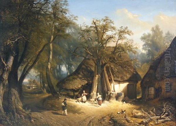 Vue Prise A Machmand, Environs De Coupien (bauerinnen Vor Ihrer Hutte, Die Einem Wanderer Den Weg Weisen) Oil Painting by Carl Joseph Kuwasseg