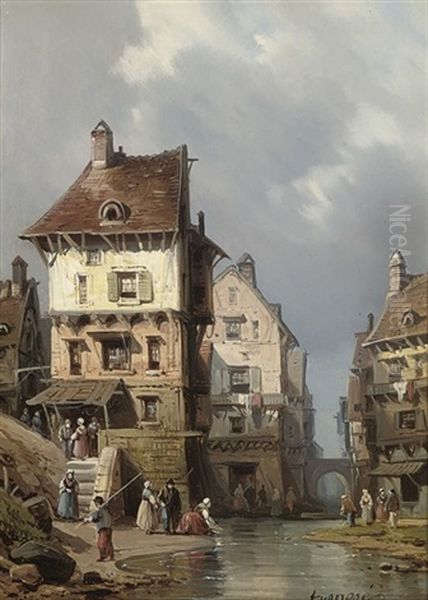 Les Lavandieres Oil Painting by Carl Joseph Kuwasseg