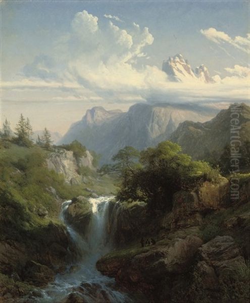 A Mountain Torrent Oil Painting by Carl Joseph Kuwasseg