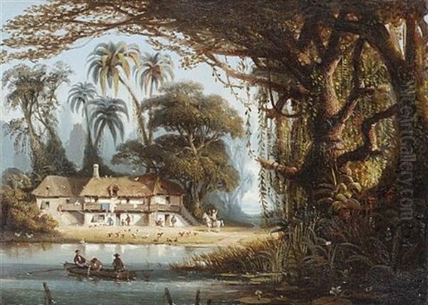 A Dwelling In A South American Forest Clearing Oil Painting by Carl Joseph Kuwasseg