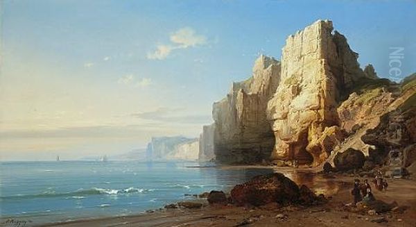 The Cliffs At Etretat Oil Painting by Carl Joseph Kuwasseg