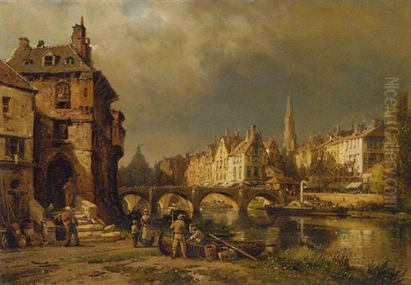 A Busy Day On The Riverbanks Oil Painting by Carl Joseph Kuwasseg