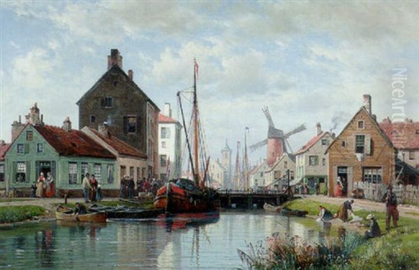 A View Of A Harbor, Northern France Oil Painting by Carl Joseph Kuwasseg