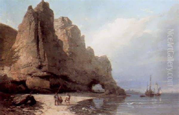 Coastal Landscape With Fisherfolk On A Beach Oil Painting by Carl Joseph Kuwasseg