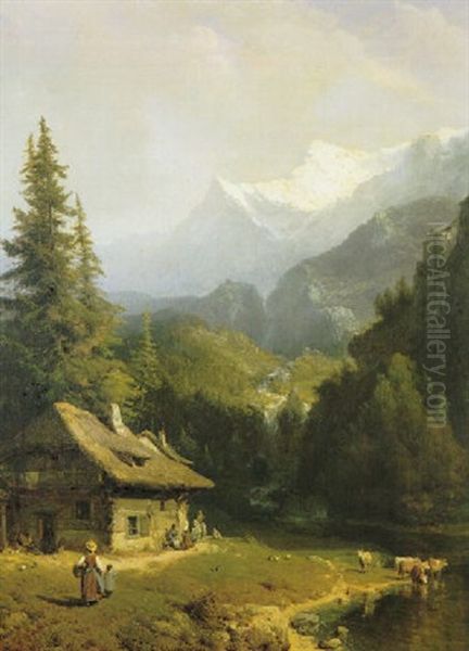 View Of Chamonix Oil Painting by Carl Joseph Kuwasseg