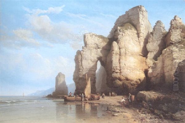 Fisherfolk On The Beach, Etretat Oil Painting by Carl Joseph Kuwasseg