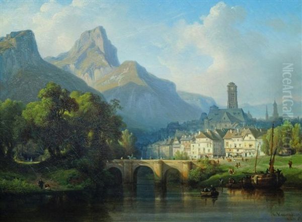 View Of A Riverside Town With Moored Shipping, A Stone Bridge And Mountains In The Distance by Charles Euphrasie Kuwasseg