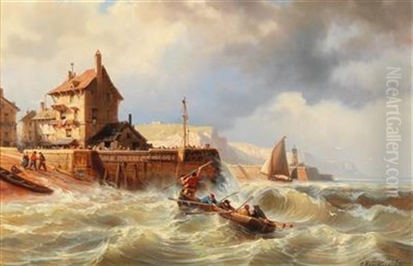 Stormy Seas Off A Small Harbour Town Oil Painting by Charles Euphrasie Kuwasseg