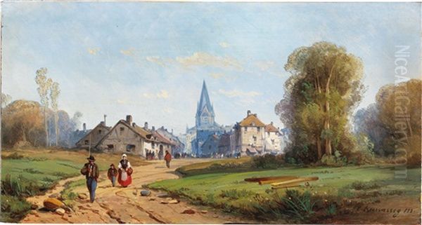 Village Scene With Numerous Decorative Figures Oil Painting by Charles Euphrasie Kuwasseg