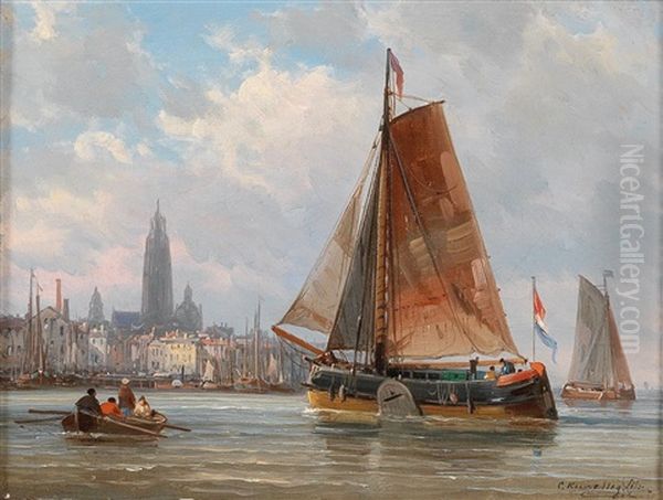 Fishermen By A City Oil Painting by Charles Euphrasie Kuwasseg