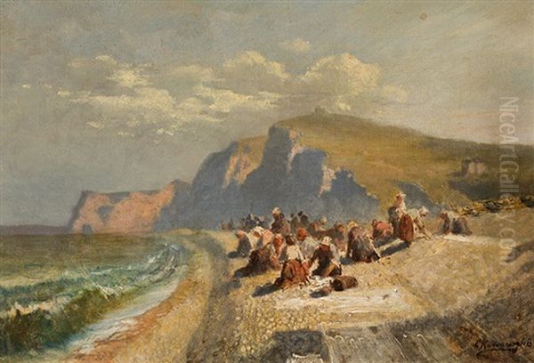 Wascherinnen Am Strand Von Etretat (normandie) Oil Painting by Charles Euphrasie Kuwasseg