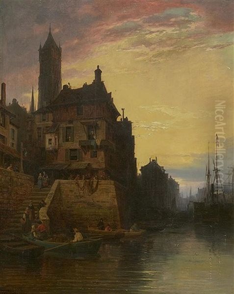 Belgian Fishing Village At Sunset Oil Painting by Charles Euphrasie Kuwasseg