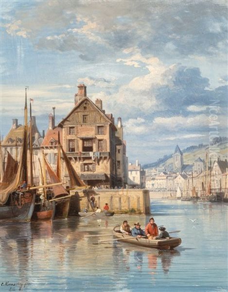 A Harbor Scene With Figures Rowing A Boat, 1866 Oil Painting by Charles Euphrasie Kuwasseg