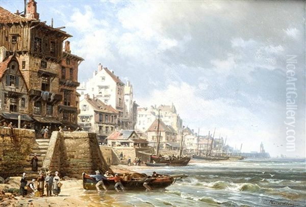 Ansicht Einer Hafenstadt Mit Fischern In Der Normandie Oil Painting by Charles Euphrasie Kuwasseg