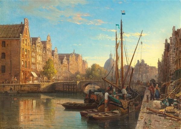 Canal Scene With Sailing Ships Against The Backdrop Of A Town Oil Painting by Charles Euphrasie Kuwasseg