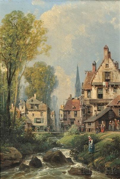 Town View Beside A Brook Oil Painting by Charles Euphrasie Kuwasseg