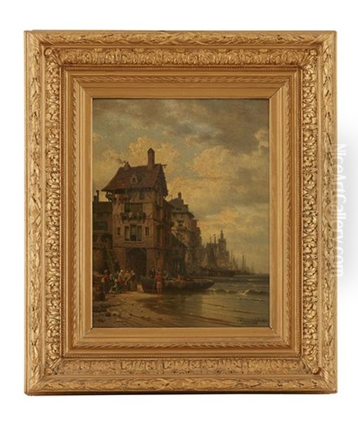 View Of The Port At Ostend (+ 1 Other; Pair) Oil Painting by Charles Euphrasie Kuwasseg