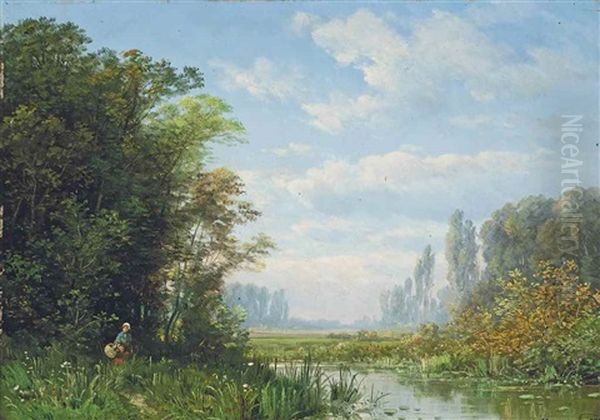 A Figure Walking Along The River Bank Oil Painting by Charles Euphrasie Kuwasseg