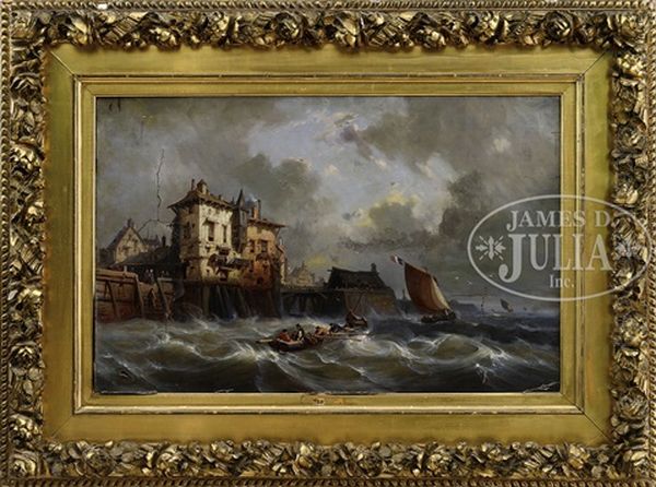 Stormy French Harbor Oil Painting by Charles Euphrasie Kuwasseg