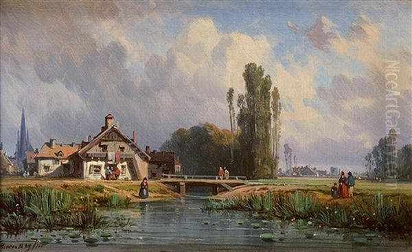 Village Anime Au Bord De La Riviere Oil Painting by Charles Euphrasie Kuwasseg