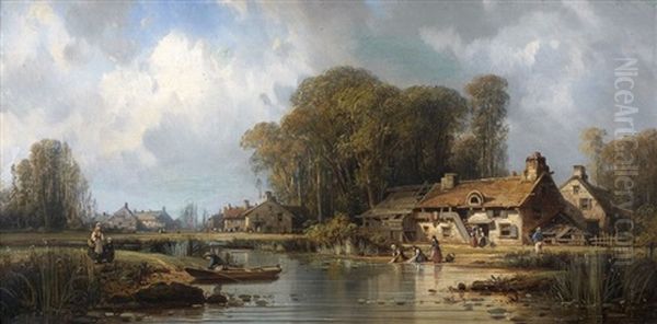 Village En Bord De L'eau, Les Lavandieres Oil Painting by Charles Euphrasie Kuwasseg