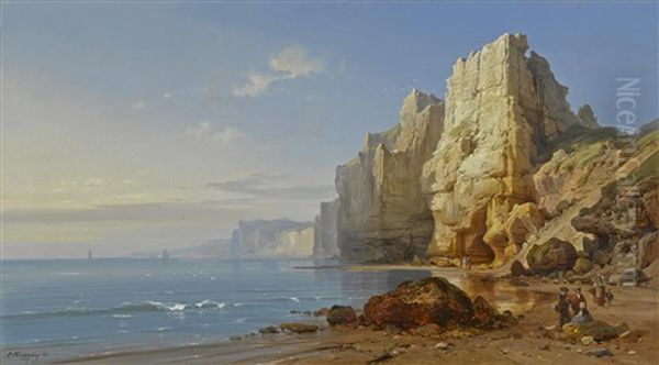 A View Of Coastal Cliffs With Figures In The Foreground Oil Painting by Charles Euphrasie Kuwasseg