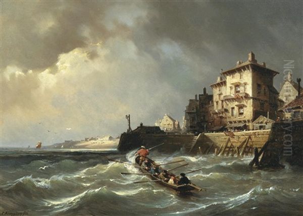 Returning To Harbour Oil Painting by Charles Euphrasie Kuwasseg