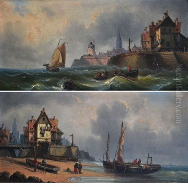 Le Depart & Le Retour De Peche En Normandie (2 Works) Oil Painting by Charles Euphrasie Kuwasseg