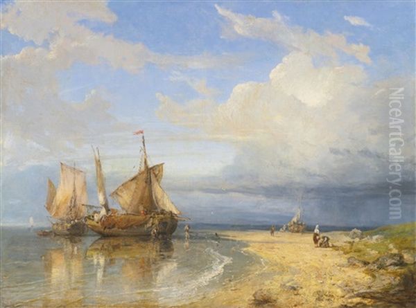 Unloading The Catch Oil Painting by Charles Euphrasie Kuwasseg