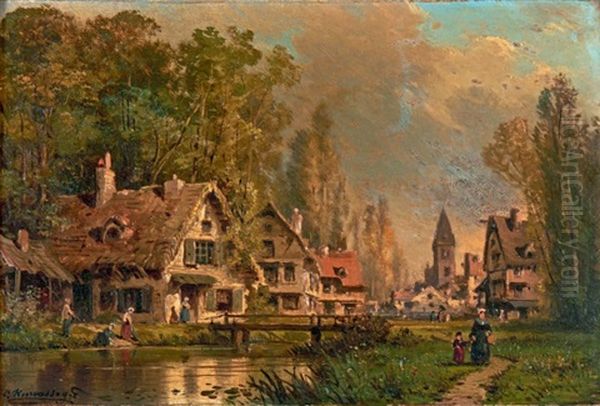 Les Lavandieres Au Village Oil Painting by Charles Euphrasie Kuwasseg