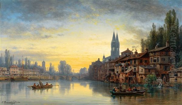 Stadtansicht An Der Loire Im Abendlicht by Charles Euphrasie Kuwasseg