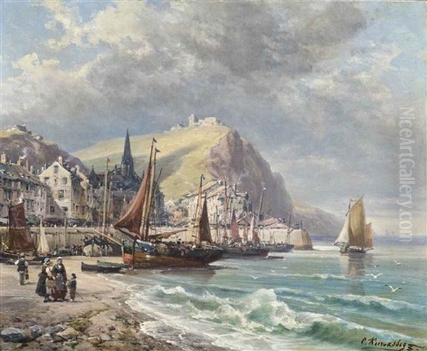 A Coastal Harbour Oil Painting by Charles Euphrasie Kuwasseg