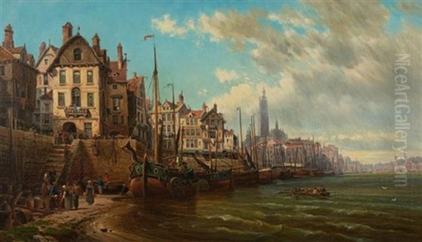 Antwerp Harbor Oil Painting by Charles Euphrasie Kuwasseg