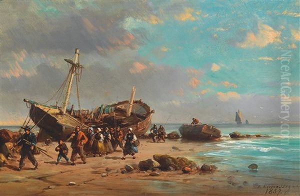 Fischer Am Strand Oil Painting by Charles Euphrasie Kuwasseg