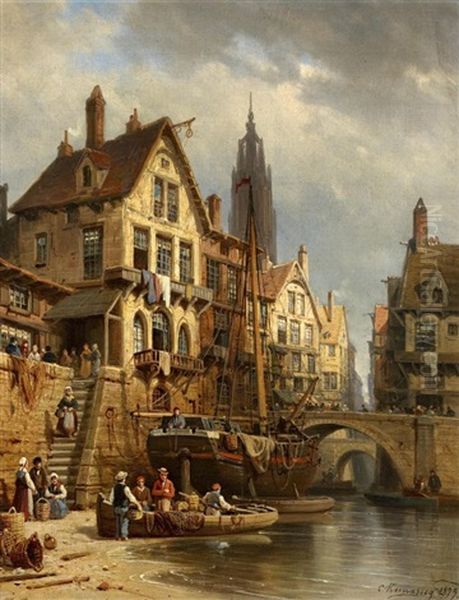 Franzosisches Hafenstadtchen Am Kanal Oil Painting by Charles Euphrasie Kuwasseg