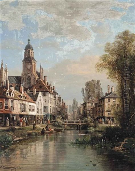 A Bustling Market Town Oil Painting by Charles Euphrasie Kuwasseg