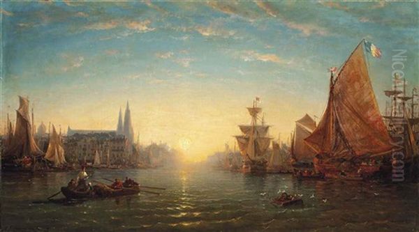 Shipping In A French Port At Dusk Oil Painting by Charles Euphrasie Kuwasseg