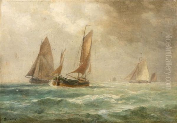 Voiliers En Mer Oil Painting by Charles Euphrasie Kuwasseg