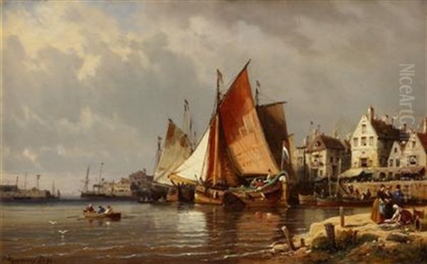 Busy Harbor Oil Painting by Charles Euphrasie Kuwasseg